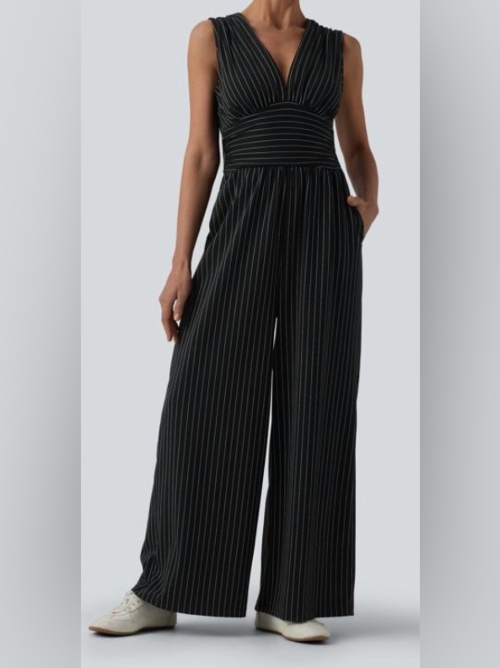 XLARGE. HALARA V NECK RUCHED STRIPED EASY PEEZY JUMPSUIT